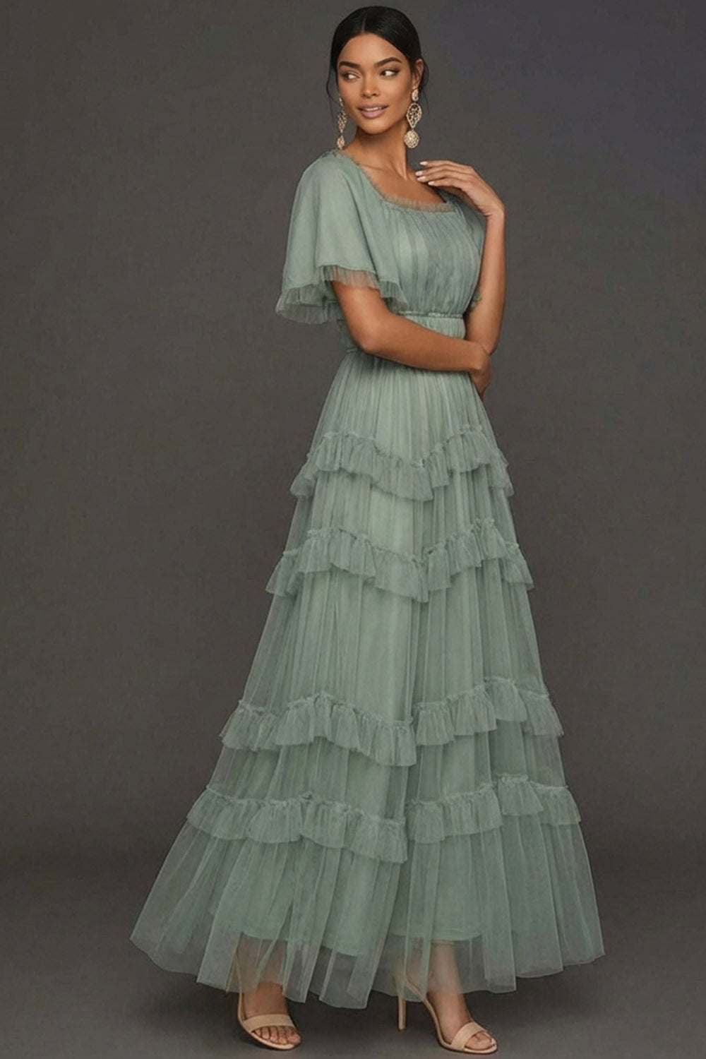 Dusty Sage A Line Ruffled Tiered Square Neck Long Wedding Guest Dress