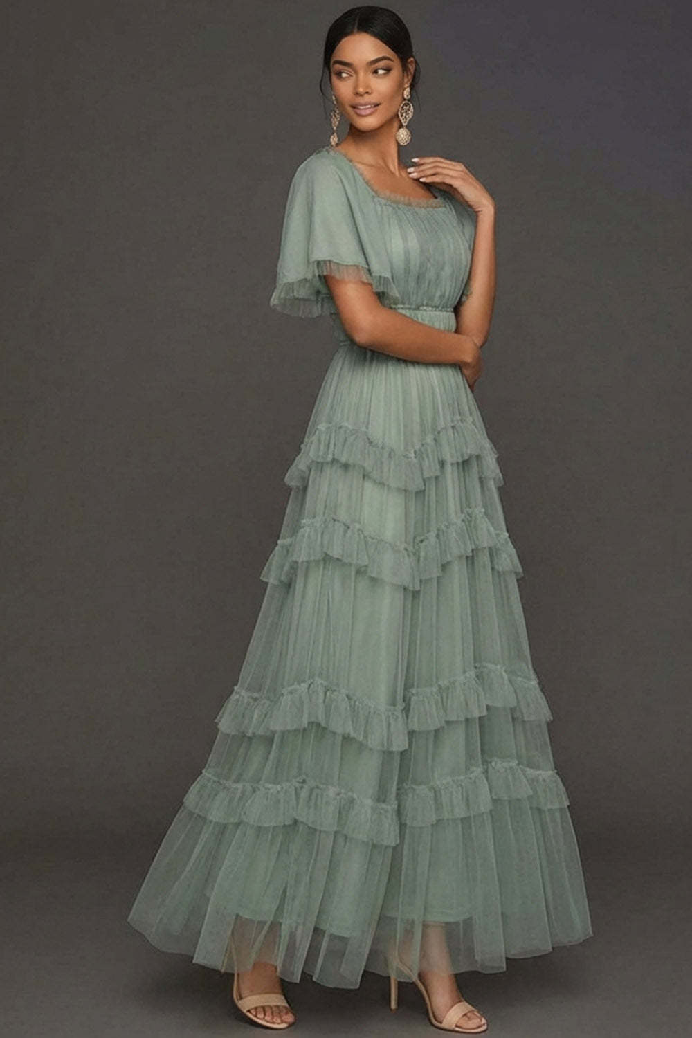 Dusty Sage A Line Ruffled Tiered Square Neck Long Wedding Guest Dress