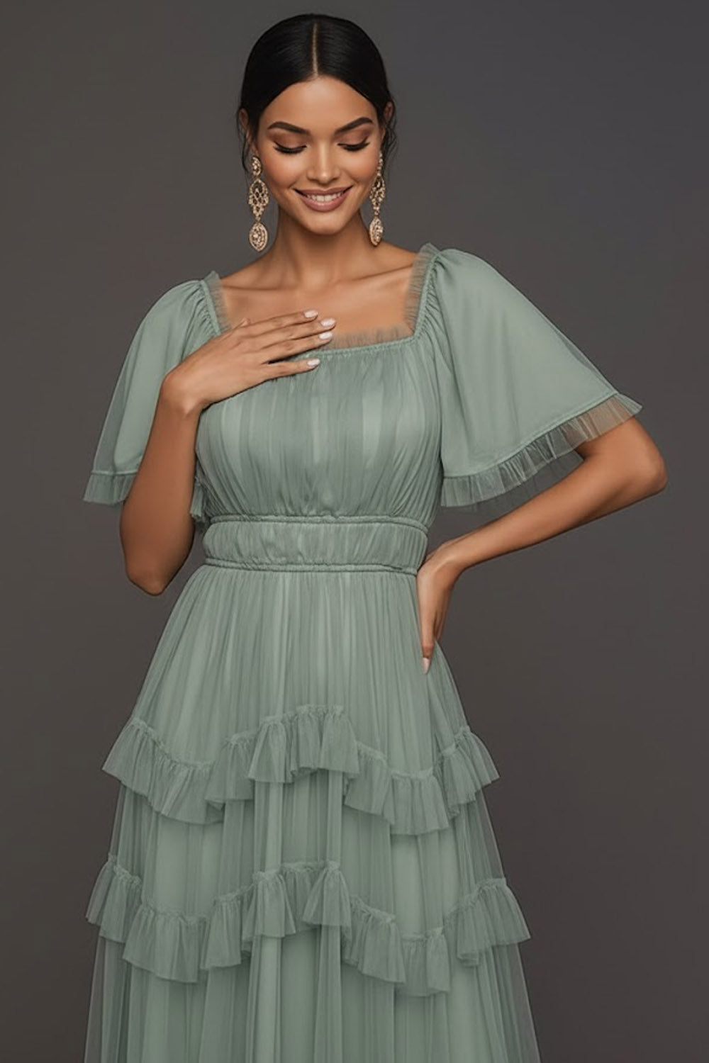 Dusty Sage A Line Ruffled Tiered Square Neck Long Wedding Guest Dress