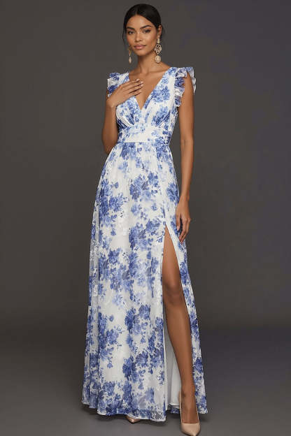 Leely Women Blue Floral A Line Maxi Wedding Guest Dress with Slit Sleeveless V Neck Backless Formal Dress