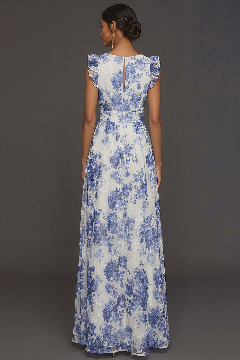 Blue Floral A Line V Neck Sleeveless Maxi Wedding Guest Dress with Slit