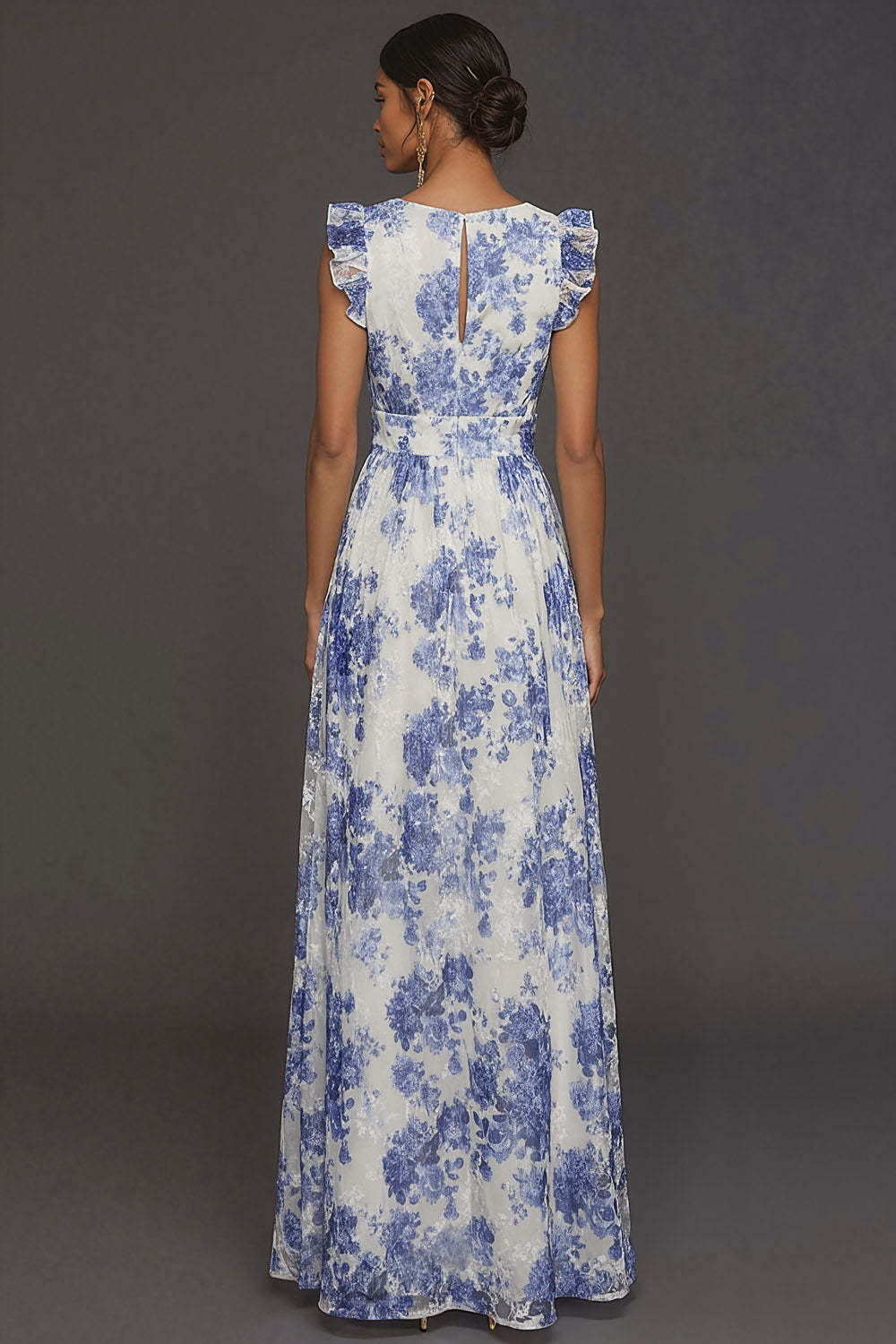 Blue Floral A Line V Neck Sleeveless Maxi Wedding Guest Dress with Slit