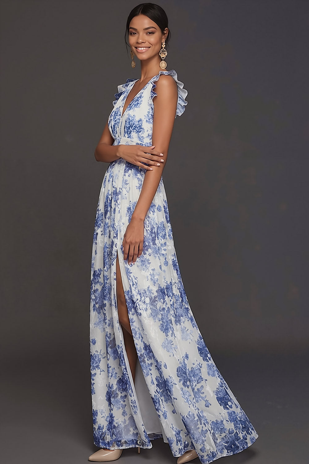 Blue Floral A Line V Neck Sleeveless Maxi Wedding Guest Dress with Slit