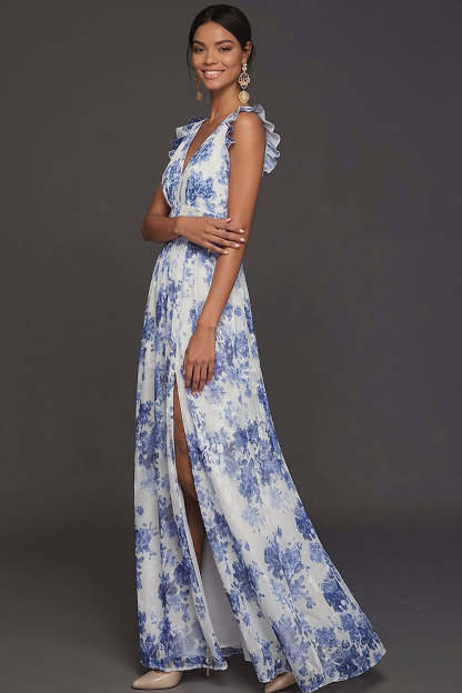 Blue Floral A Line V Neck Sleeveless Maxi Wedding Guest Dress with Slit