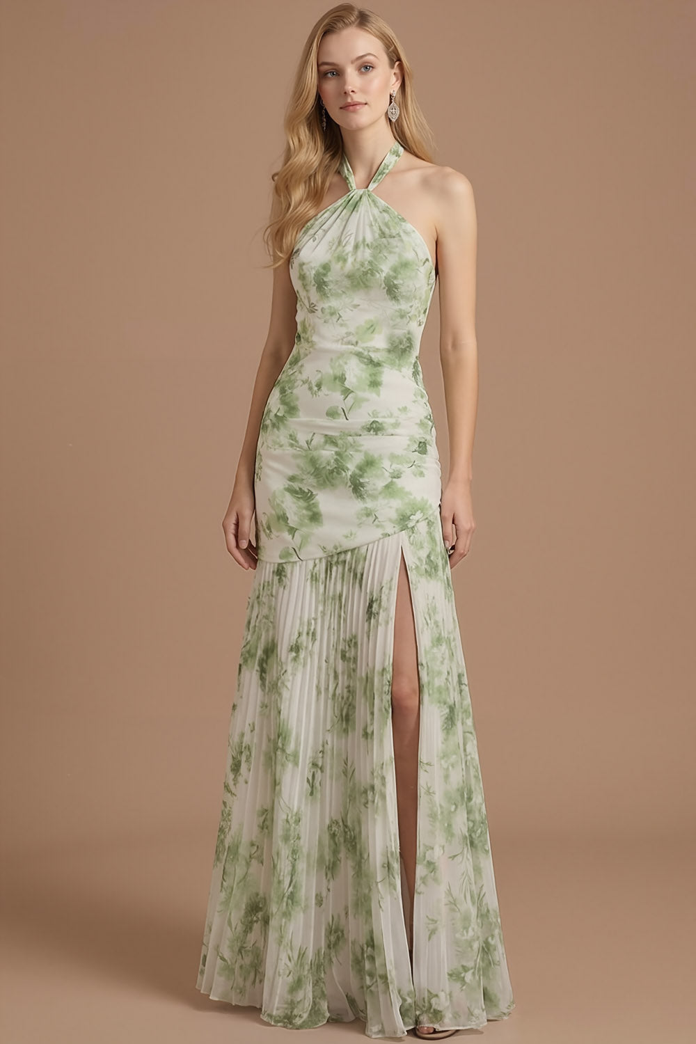Leely Women Green Floral Mermaid Pleated Long Wedding Guest Dress with Slit Halter Neck Sleeveless Backless Formal Dress