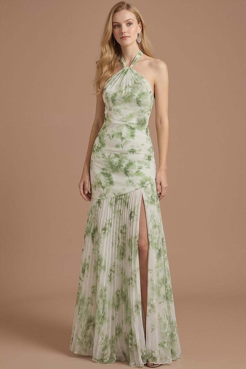 Leely Women Green Floral Mermaid Pleated Long Wedding Guest Dress with Slit Halter Neck Sleeveless Backless Formal Dress