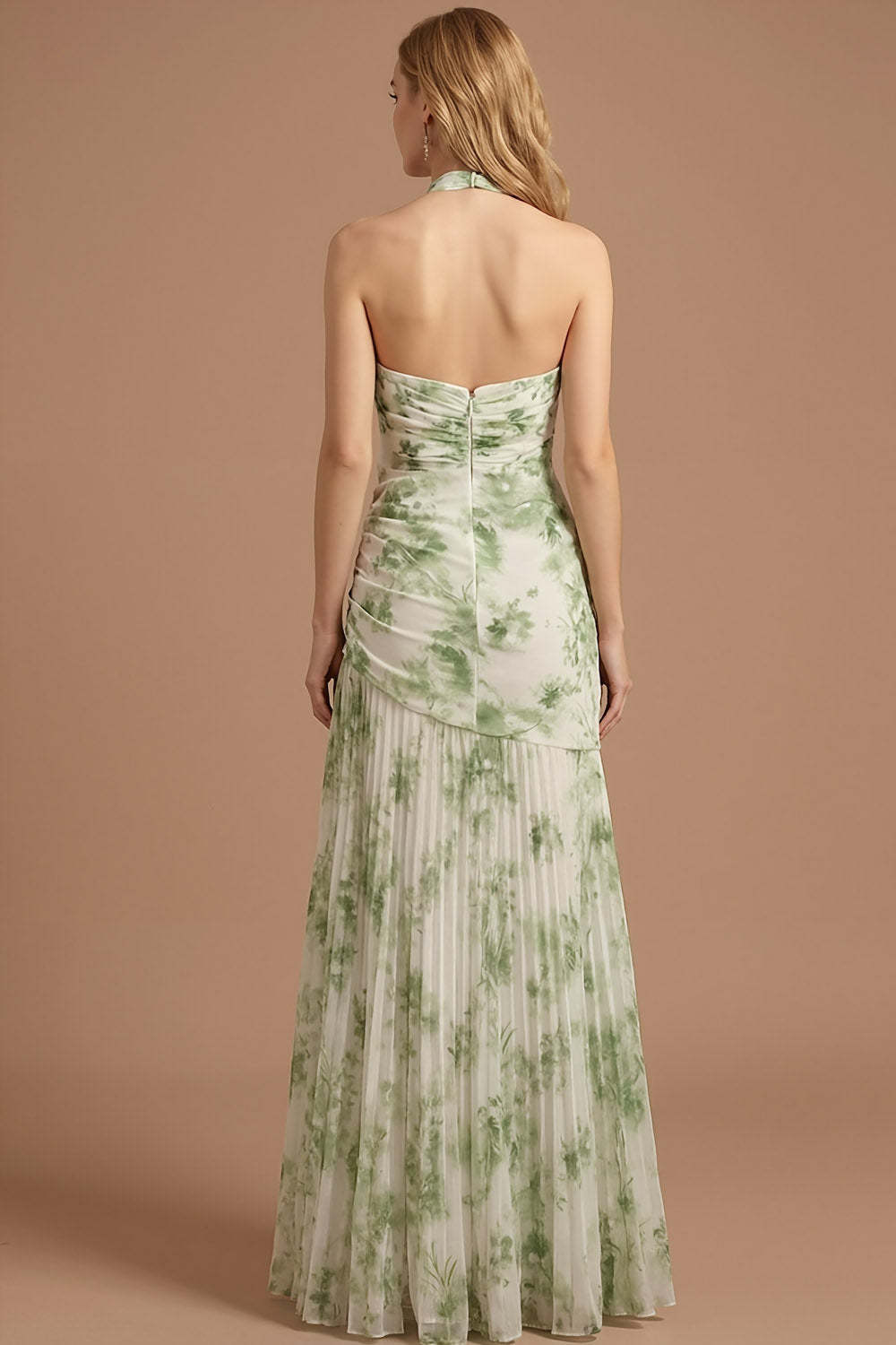 Green Floral Mermaid Halter Neck Pleated Long Wedding Guest Dress with Slit