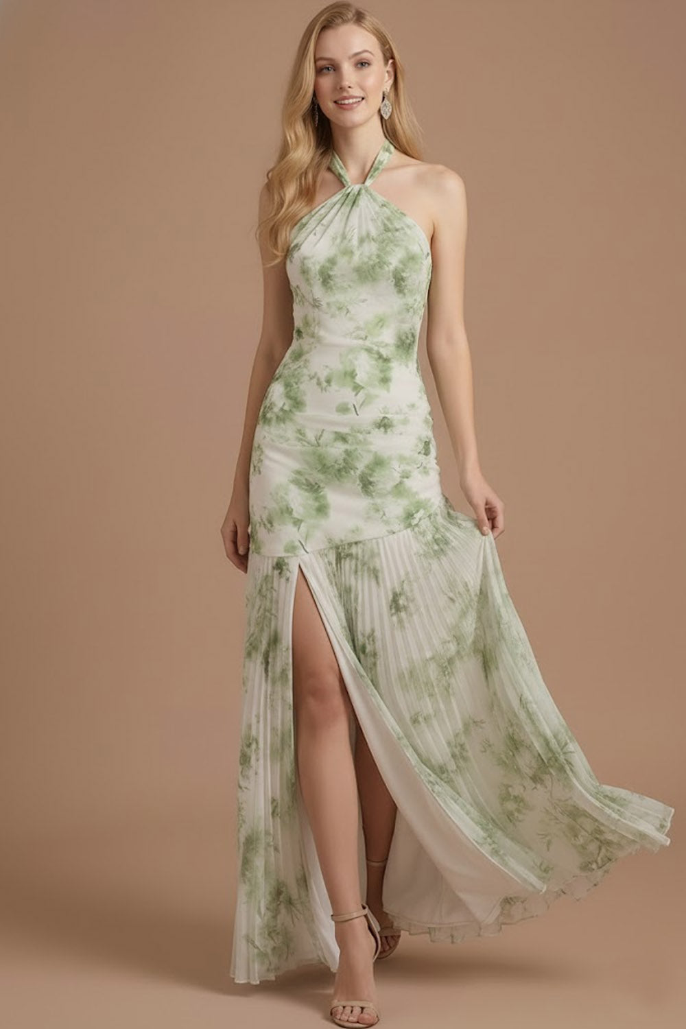 Green Floral Mermaid Halter Neck Pleated Long Wedding Guest Dress with Slit