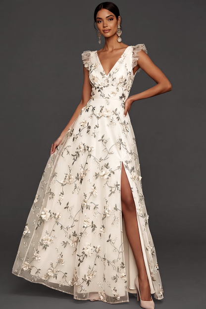 Lilac Flora Appliqued V Neck A Line Long Formal Dress with Slit