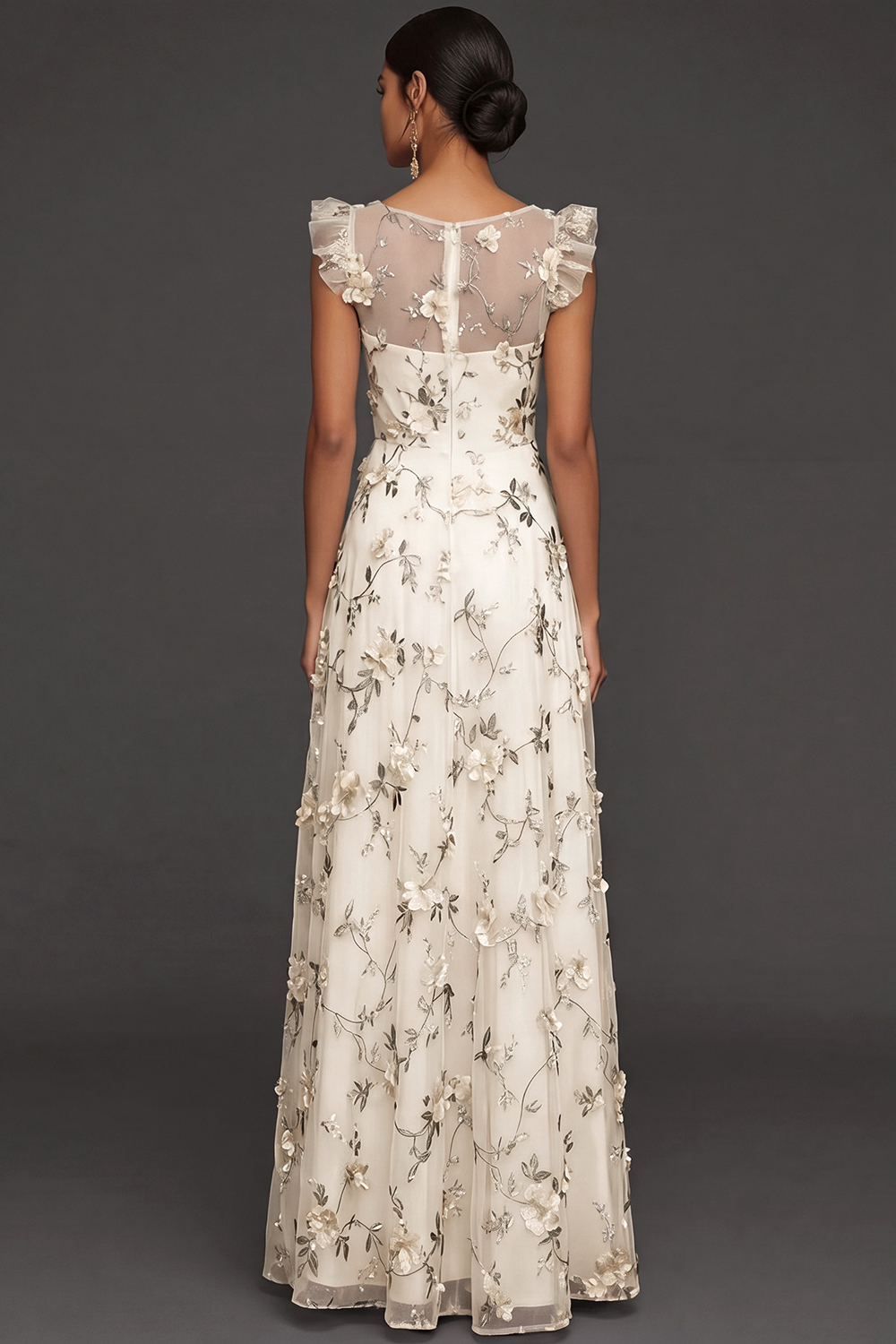 Lilac Flora Appliqued V Neck A Line Long Formal Dress with Slit