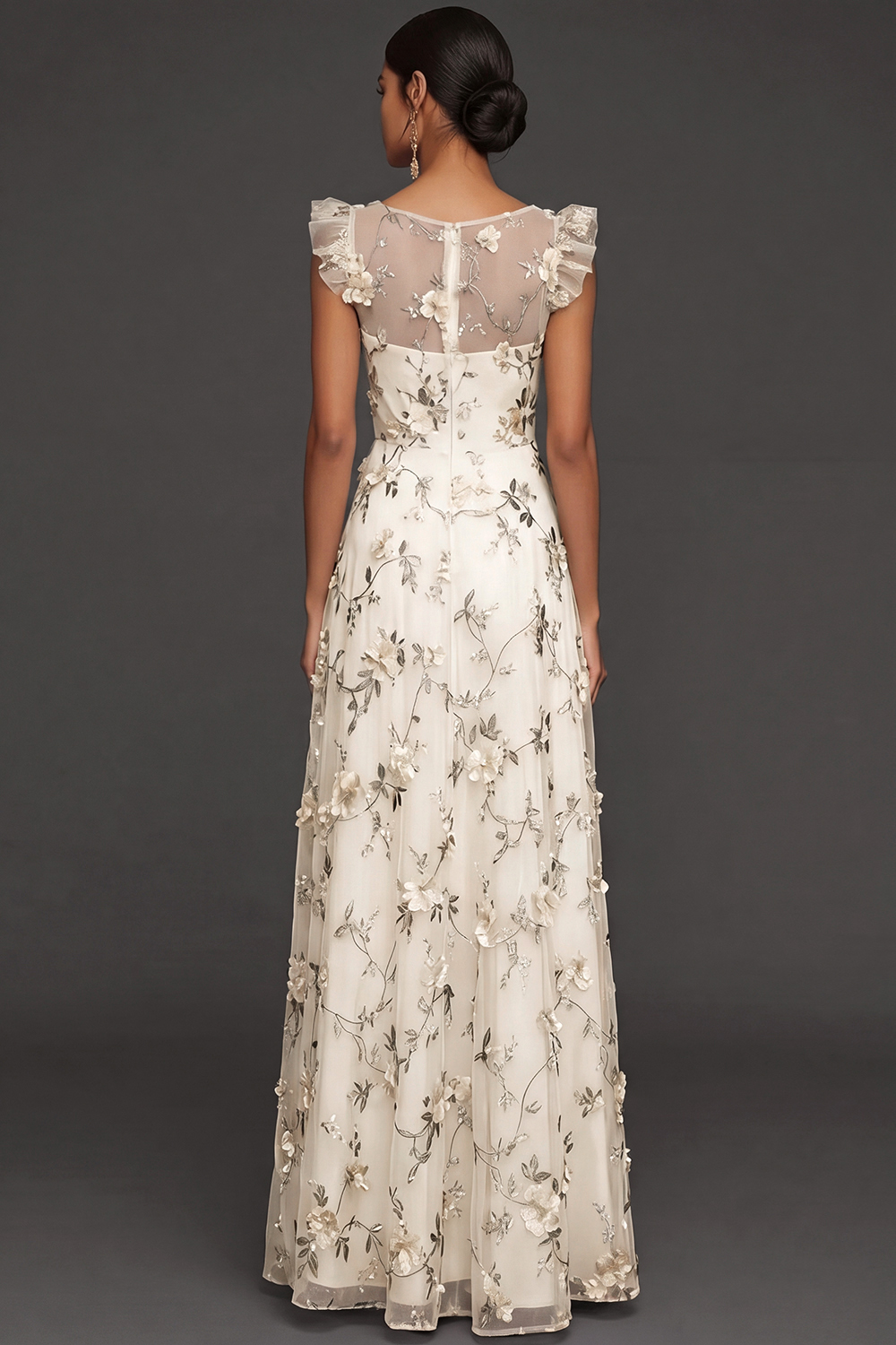 Lilac Flora Appliqued V Neck A Line Long Formal Dress with Slit