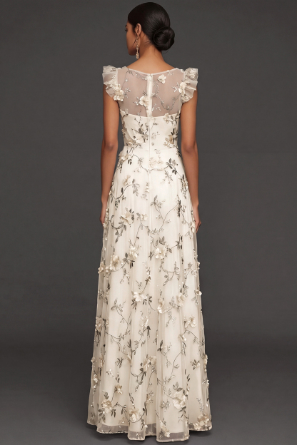 Lilac Flora Appliqued V Neck A Line Long Formal Dress with Slit