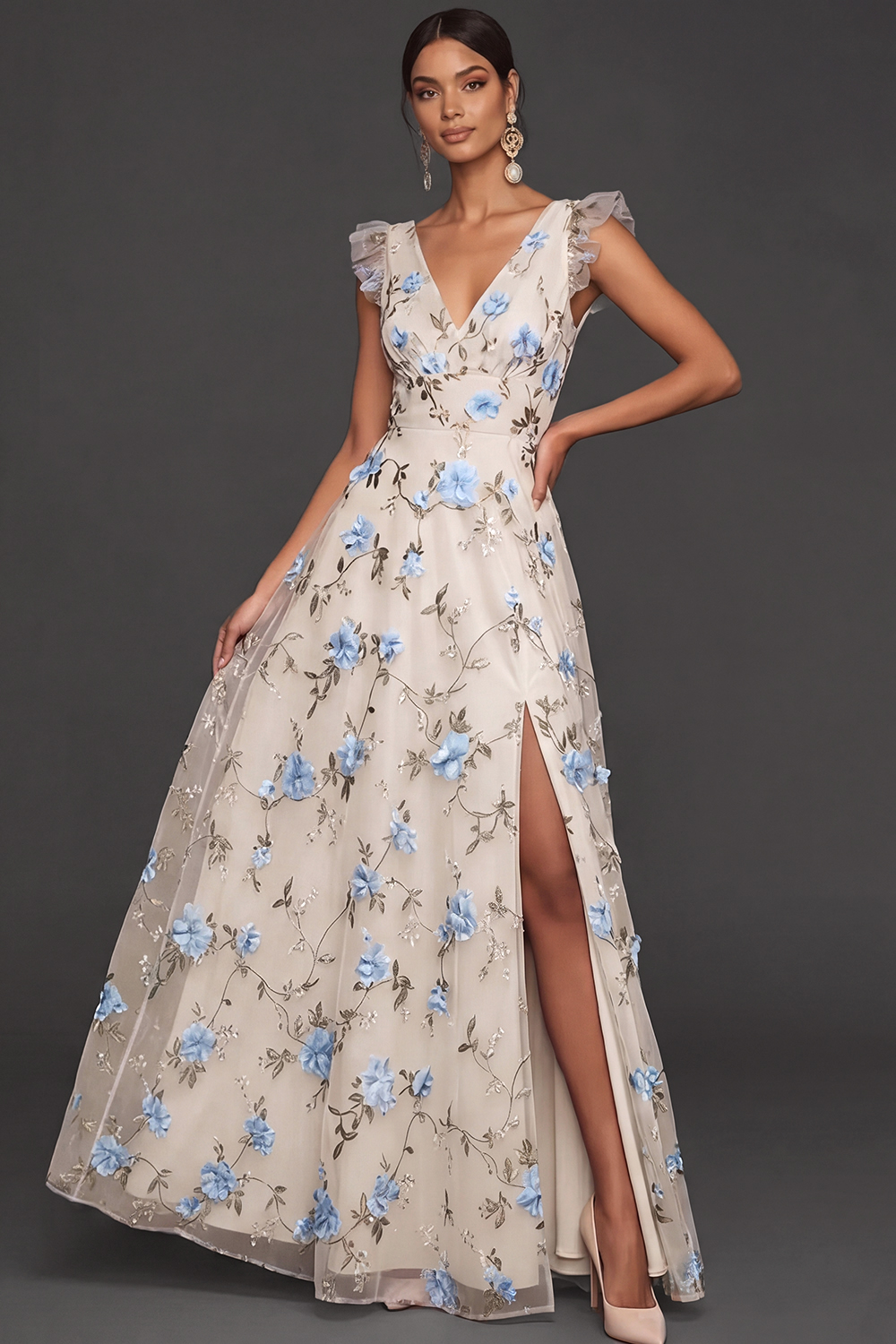 Lilac Flora Appliqued V Neck A Line Long Formal Dress with Slit