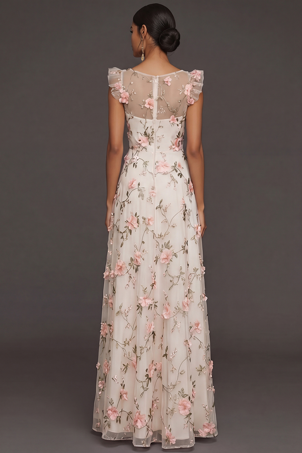 Lilac Flora Appliqued V Neck A Line Long Formal Dress with Slit