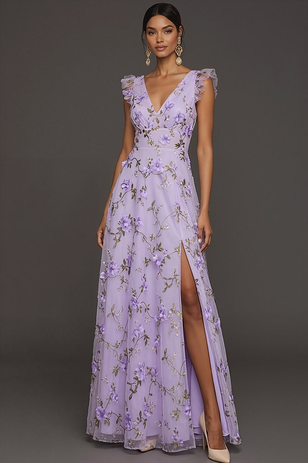 Lilac Flora Appliqued V Neck A Line Long Formal Dress with Slit