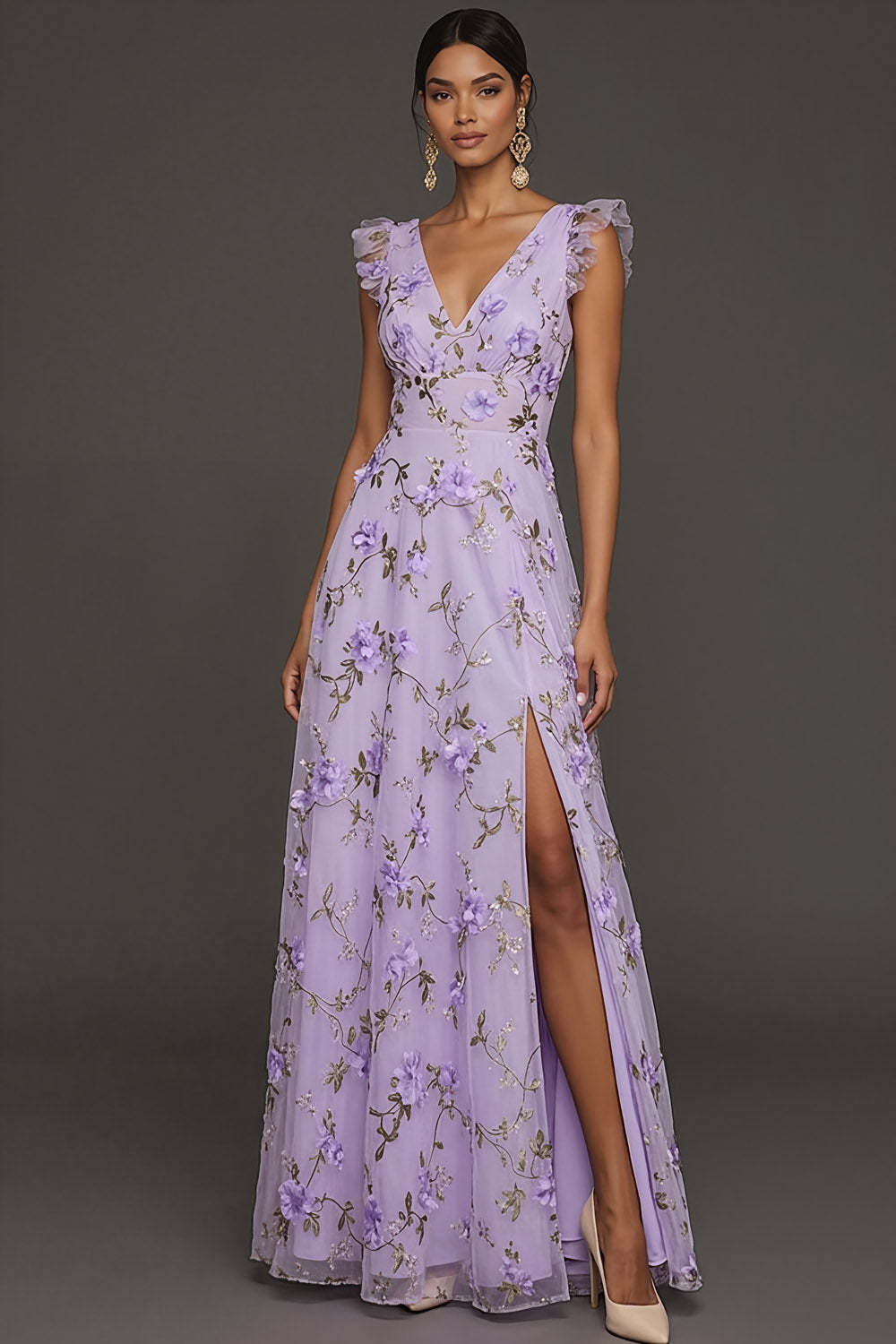 Lilac Flora Appliqued V Neck A Line Long Formal Dress with Slit