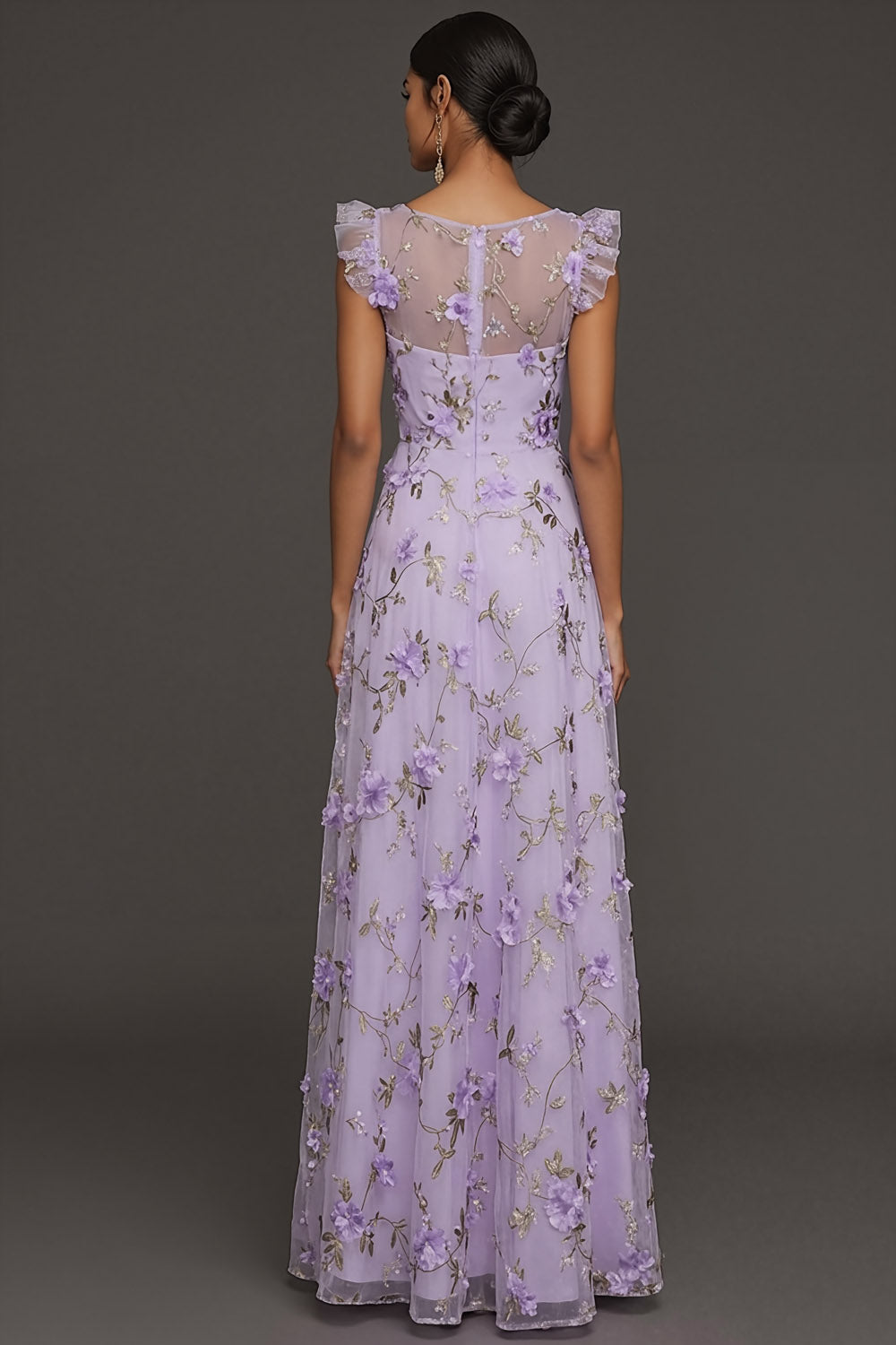 Lilac Flora Appliqued V Neck A Line Long Formal Dress with Slit
