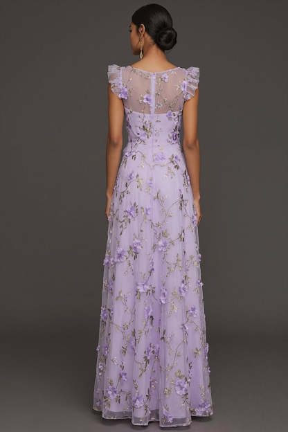 Lilac Flora Appliqued V Neck A Line Long Formal Dress with Slit