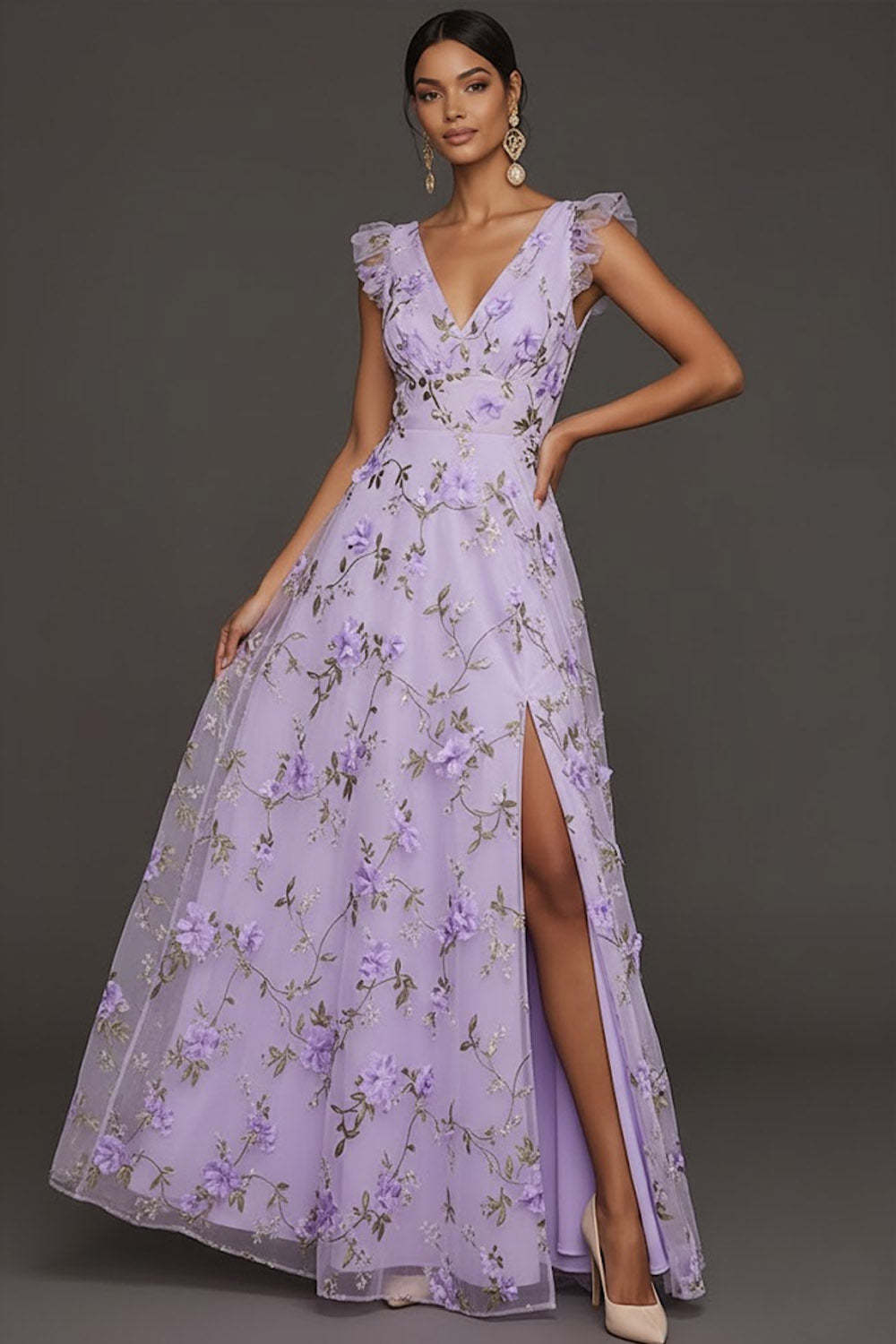 Leely Women Lilac Flora Appliqued A Line Long Formal Dress with Slit V Neck Sleeveless Wedding Guest Dress