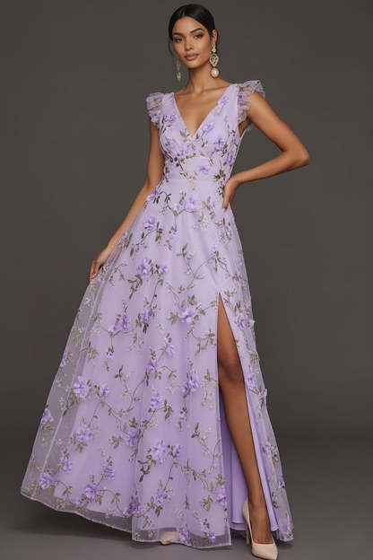 Leely Women Lilac Flora Appliqued A Line Long Formal Dress with Slit V Neck Sleeveless Wedding Guest Dress