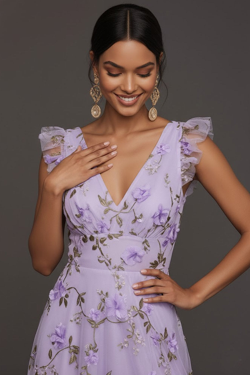 Lilac Flora Appliqued V Neck A Line Long Formal Dress with Slit