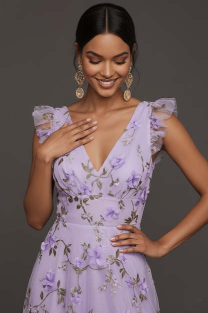 Lilac Flora Appliqued V Neck A Line Long Formal Dress with Slit