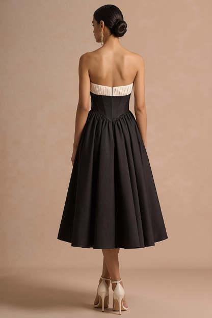 Black Corset Strapless A Line Basque Waist Long Formal Dress