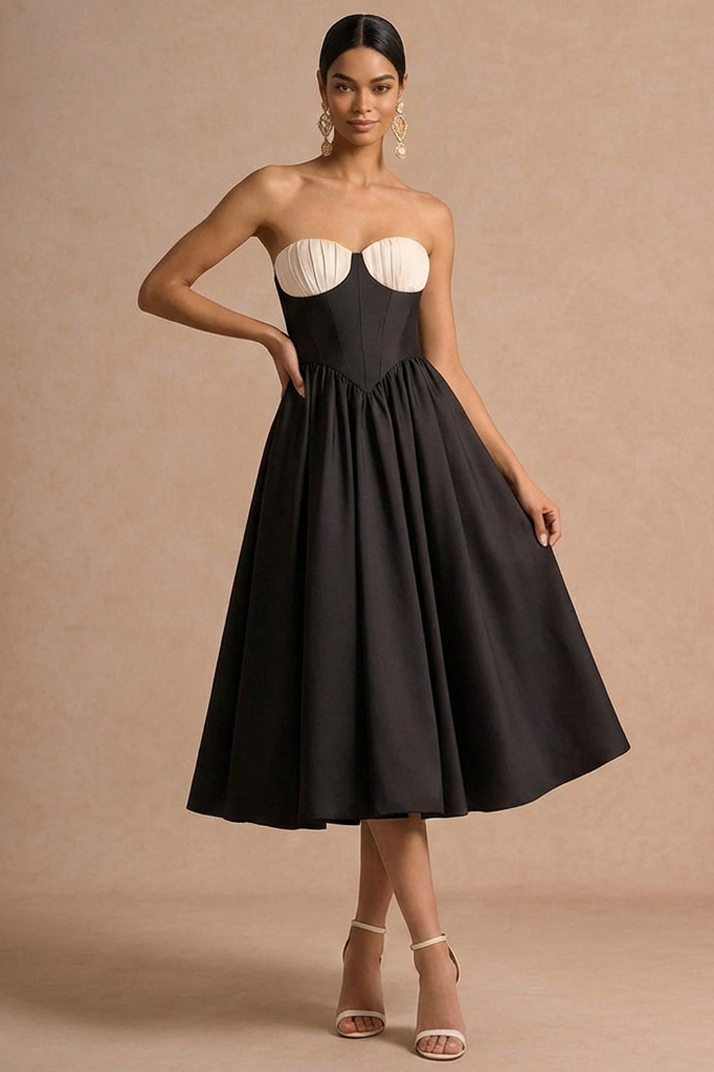 Black Corset Strapless A Line Basque Waist Long Formal Dress