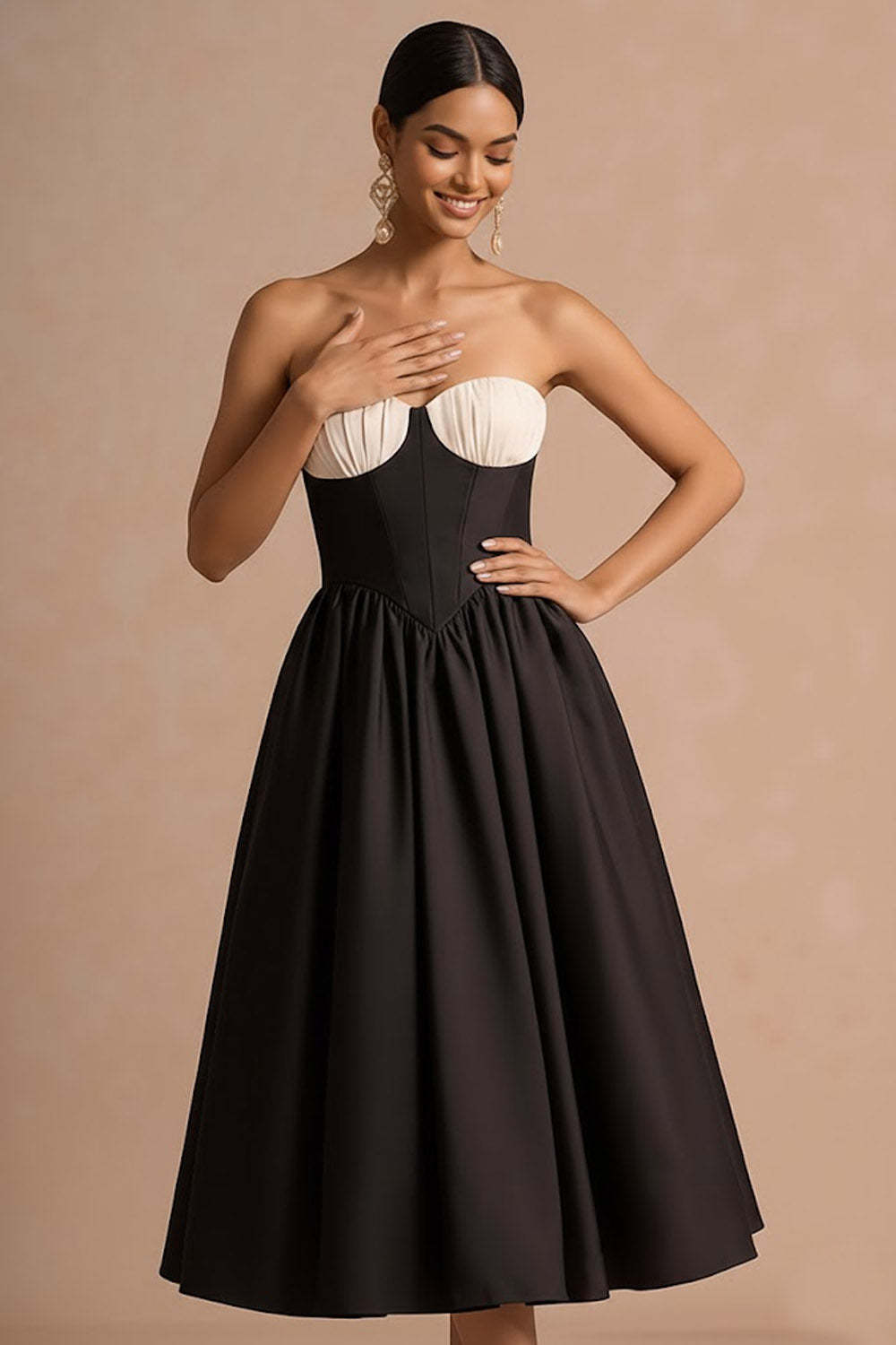 Black Corset Strapless A Line Basque Waist Long Formal Dress