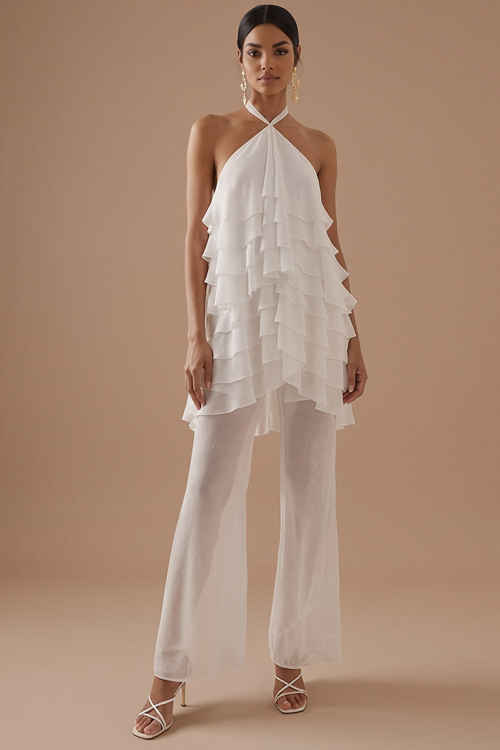 White 2 Piece Ruffled Halter Neck Backless Bridal Suits