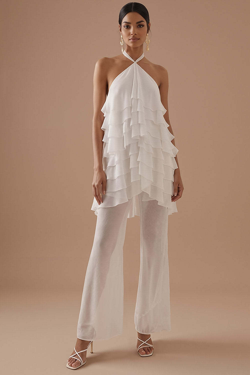 Leely Women White 2 Piece Ruffled Halter Neck Bridal Suits Backless Sleeveless Backless Wedding Suits