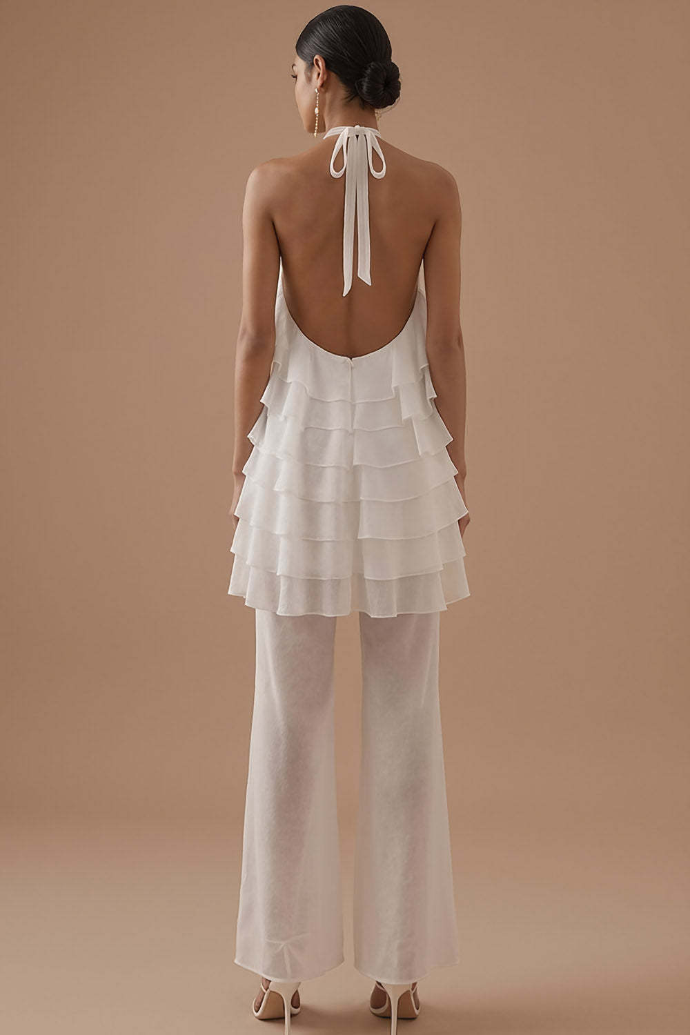 White 2 Piece Ruffled Halter Neck Backless Bridal Suits