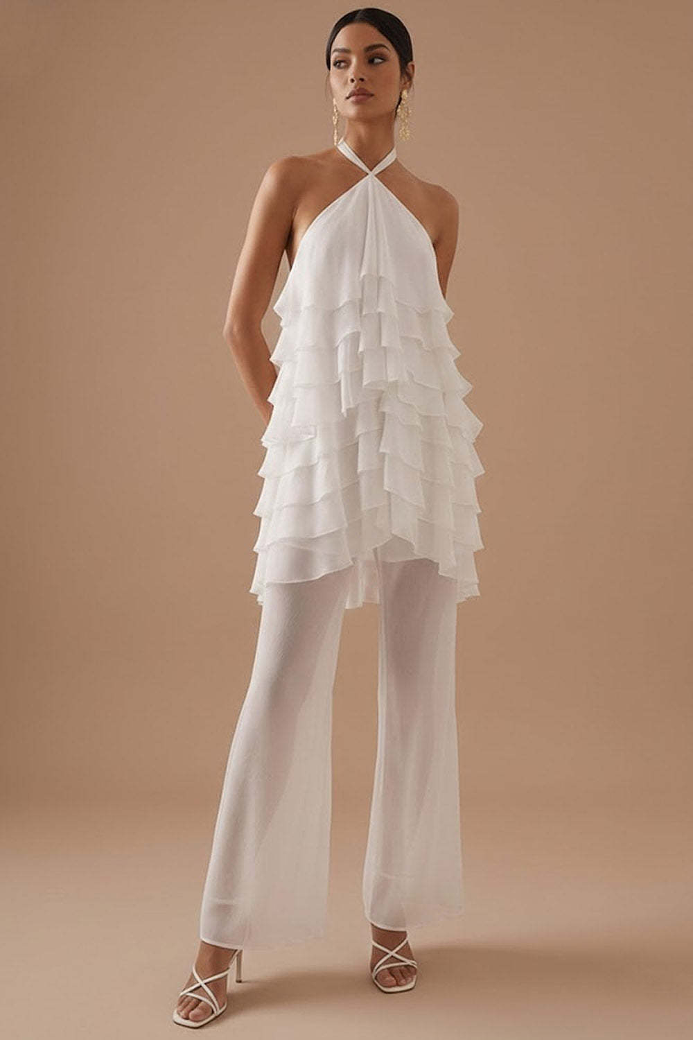 White 2 Piece Ruffled Halter Neck Backless Bridal Suits