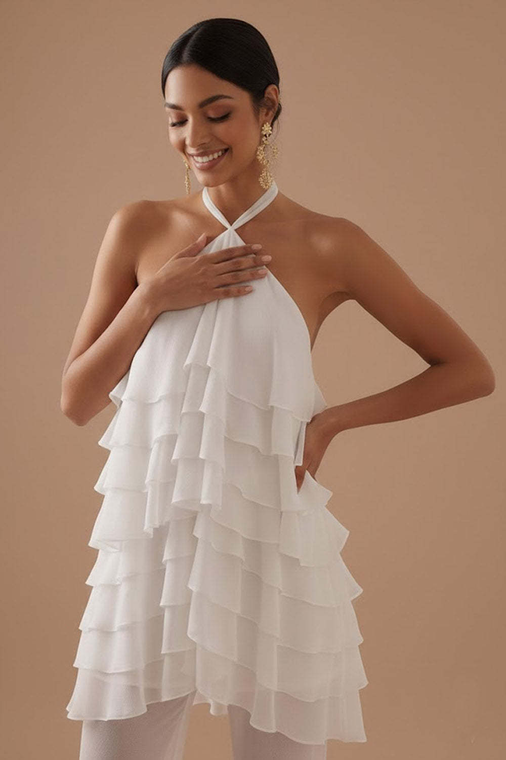 White 2 Piece Ruffled Halter Neck Backless Bridal Suits