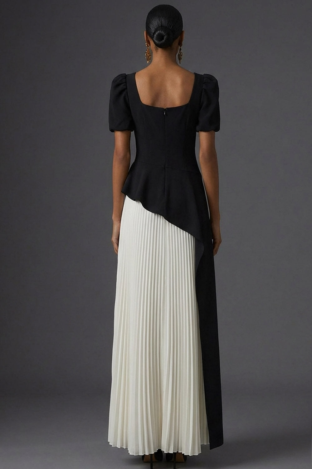 Black A Line Square Neck Ruffled Pleated Long Wedding Guest Dress