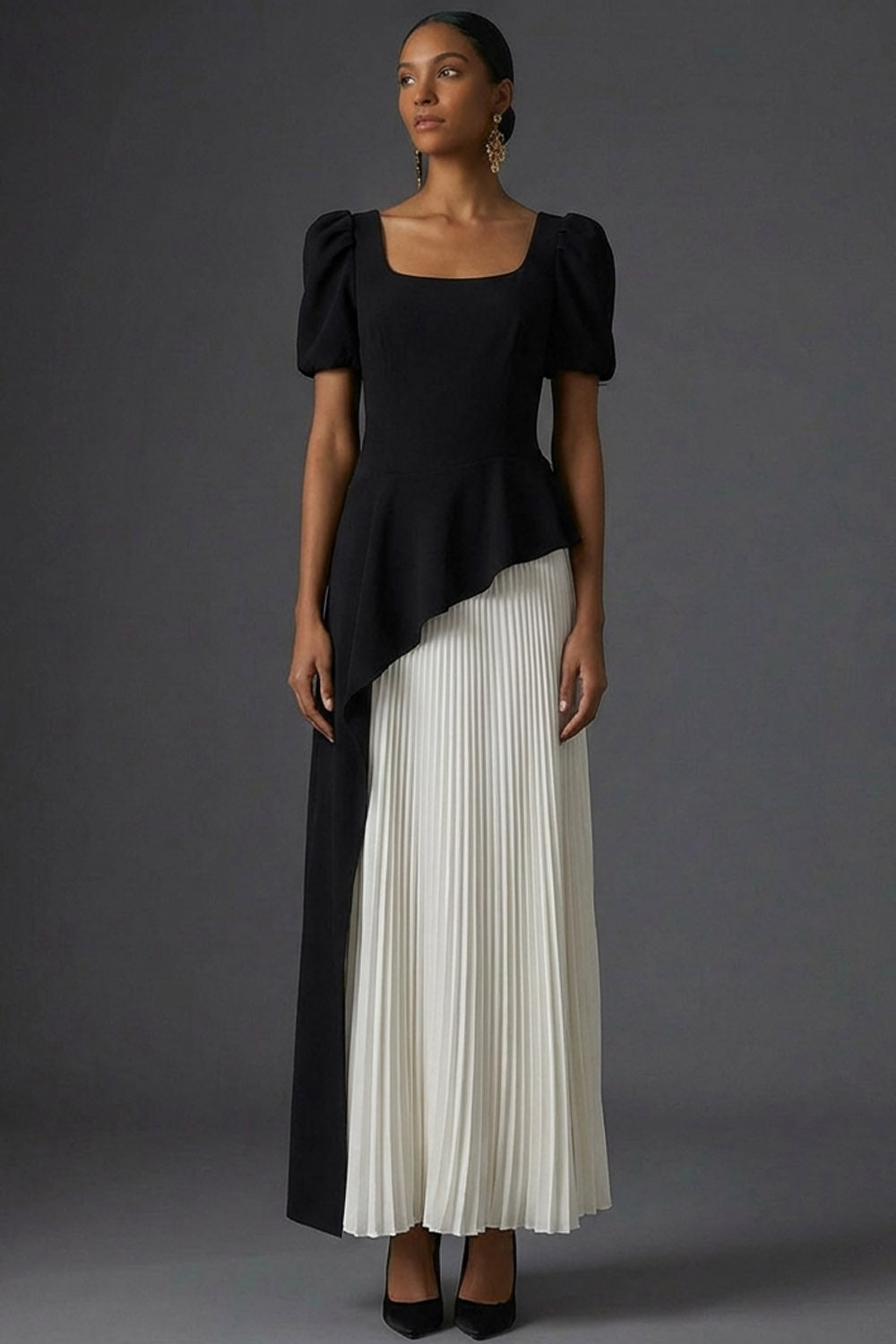 Black A Line Square Neck Ruffled Pleated Long Wedding Guest Dress