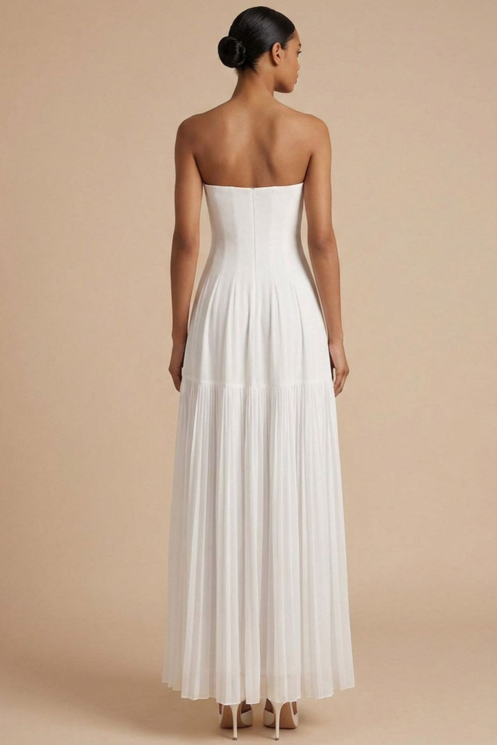 White A Line Strapless Pleated Backless Long Wedding Reception Dress