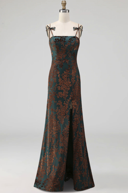 Peacock Green Sparkly Sequined Floral Mermaid Spaghetti Straps Long Formal Dress with Slit