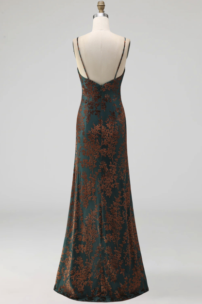 Peacock Green Sparkly Sequined Floral Mermaid Spaghetti Straps Long Formal Dress with Slit