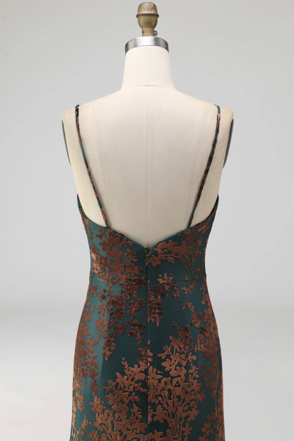 Peacock Green Sparkly Sequined Floral Mermaid Spaghetti Straps Long Formal Dress with Slit