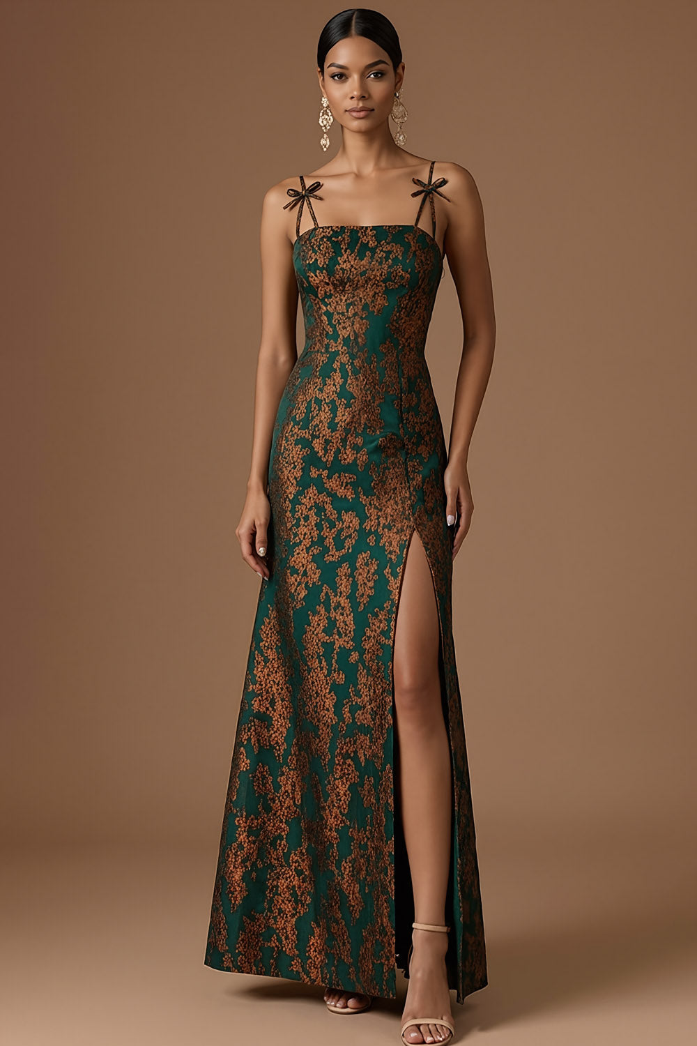 Peacock Green Sparkly Sequined Floral Mermaid Spaghetti Straps Long Formal Dress with Slit