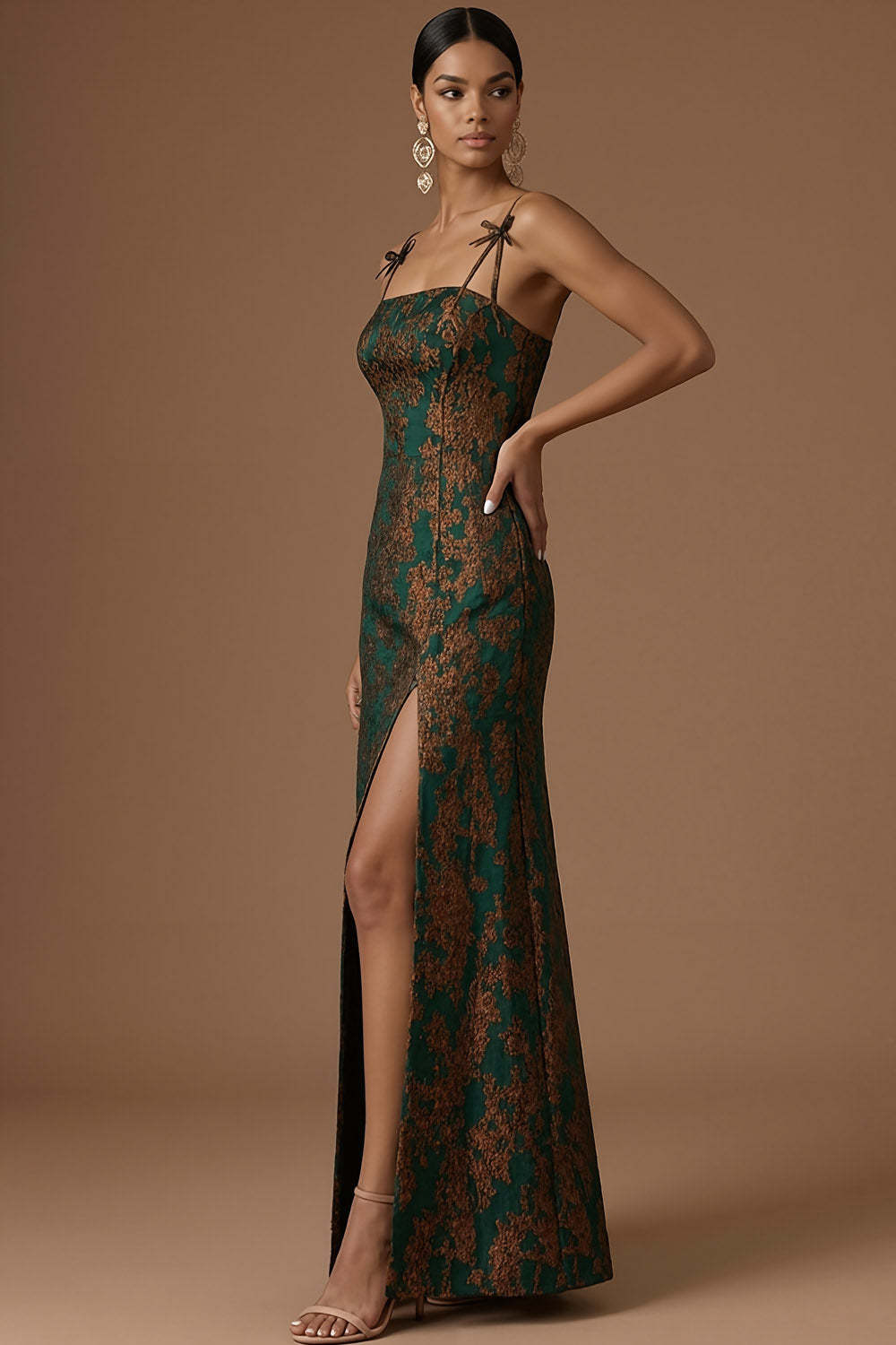 Peacock Green Sparkly Sequined Floral Mermaid Spaghetti Straps Long Formal Dress with Slit