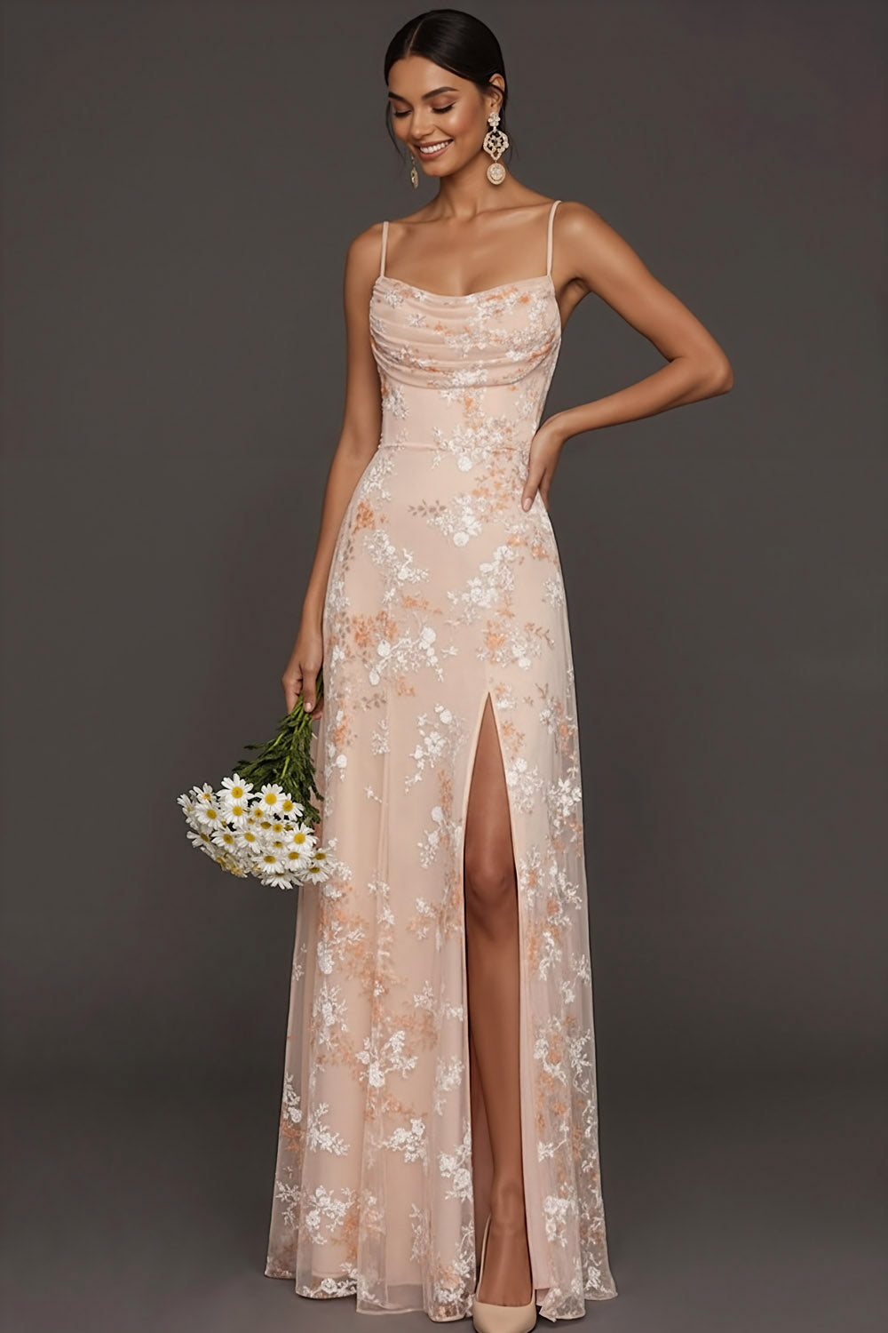 Champagne Mermaid Floral Spaghetti Straps Long Wedding Guest Dress with Slit