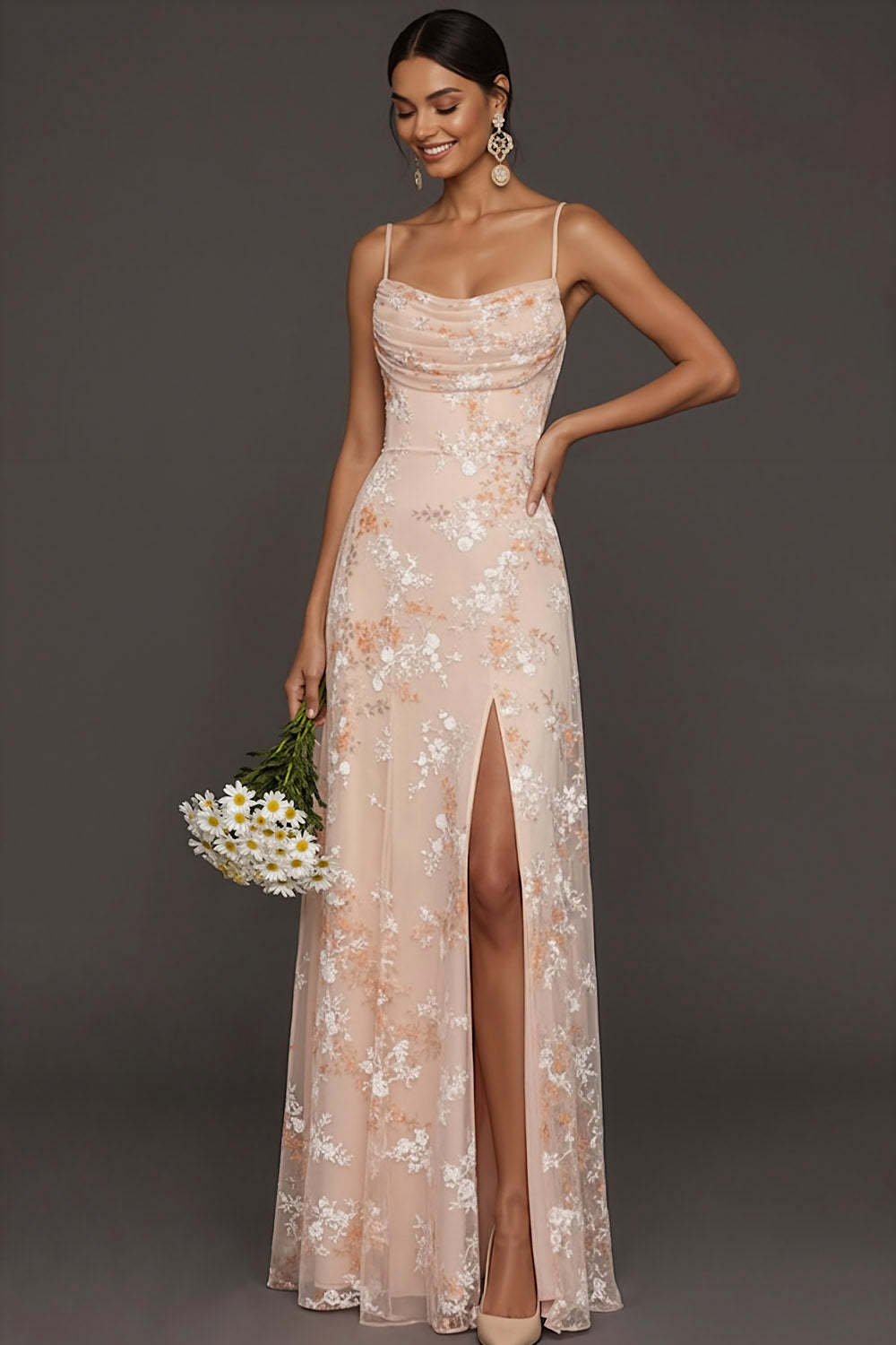 Champagne Mermaid Floral Spaghetti Straps Long Wedding Guest Dress with Slit