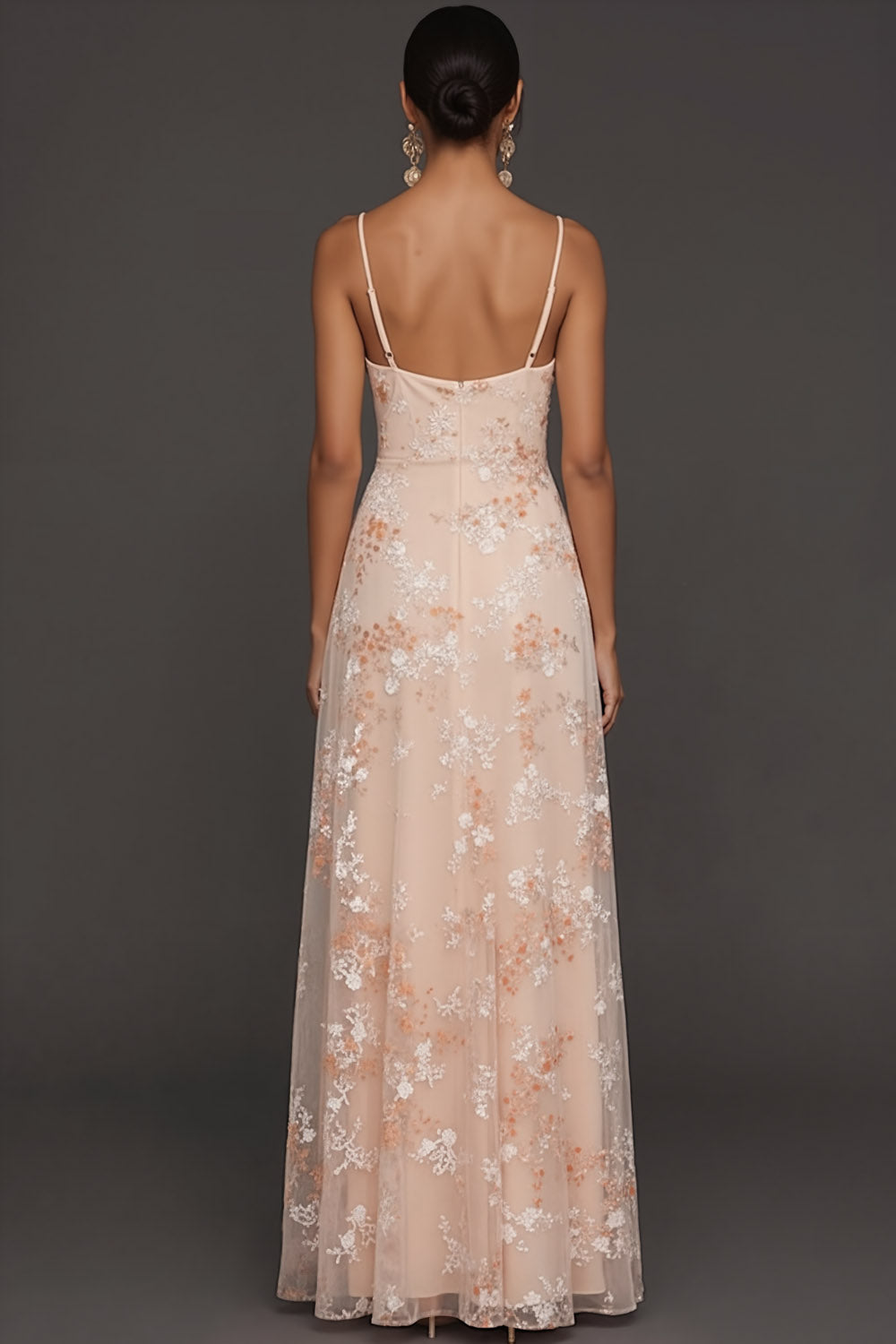 Champagne Mermaid Floral Spaghetti Straps Long Wedding Guest Dress with Slit