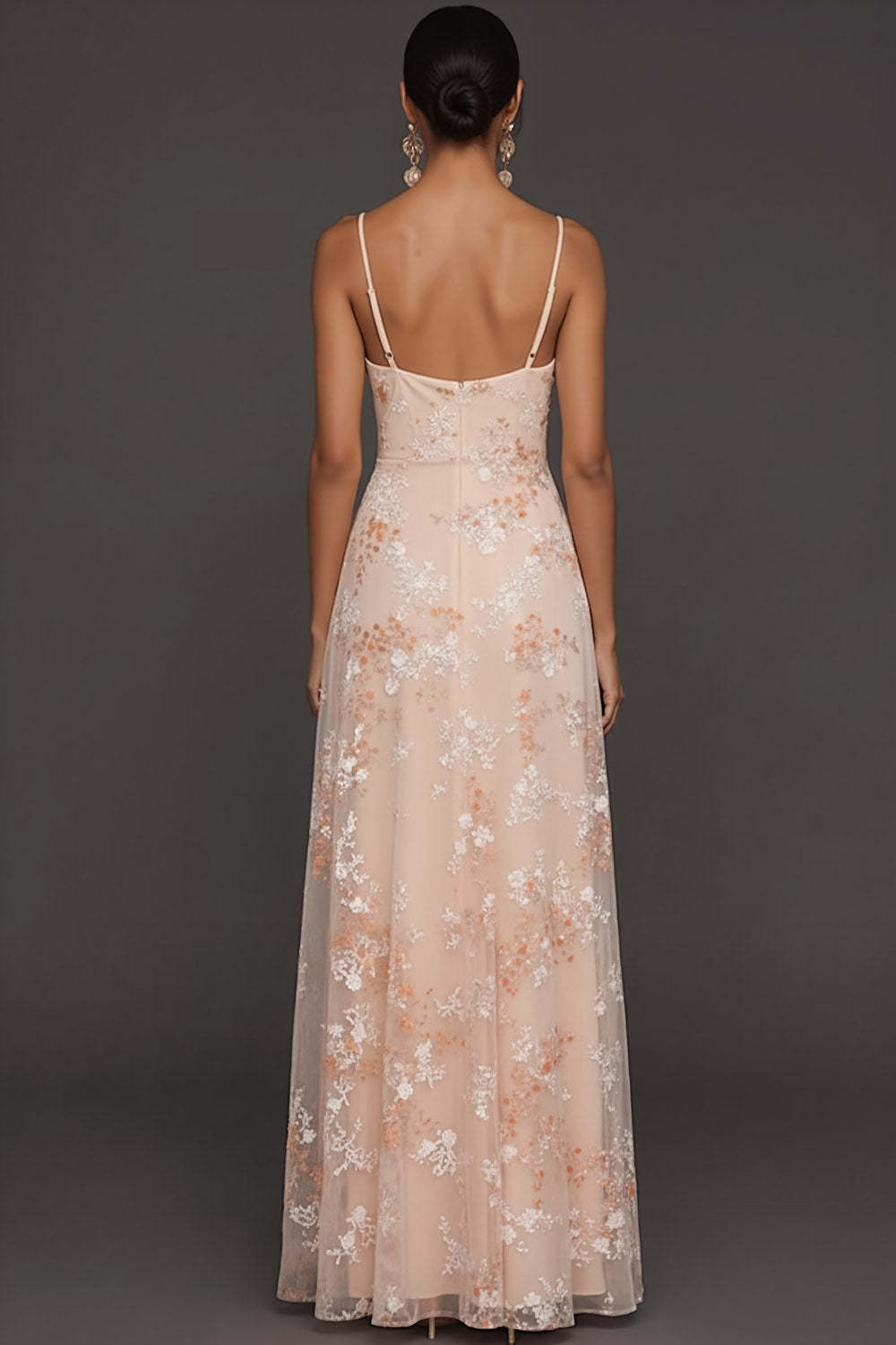 Champagne Mermaid Floral Spaghetti Straps Long Wedding Guest Dress with Slit