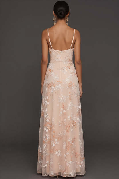 Champagne Mermaid Floral Spaghetti Straps Long Wedding Guest Dress with Slit