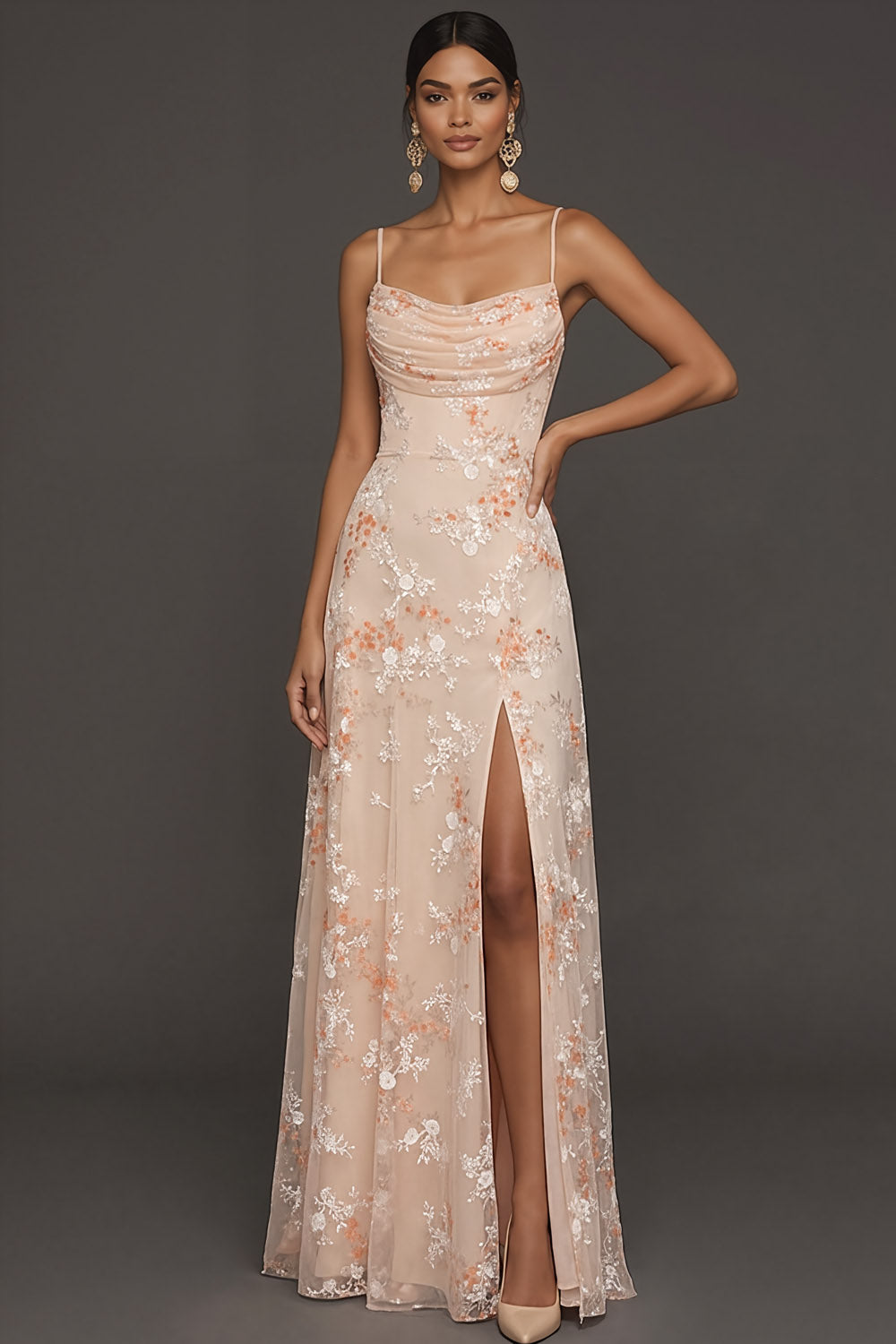 Champagne Mermaid Floral Spaghetti Straps Long Wedding Guest Dress with Slit