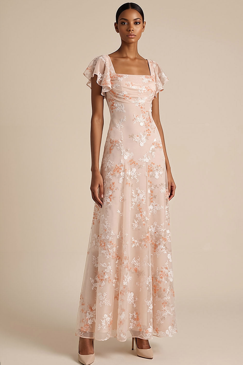Champagne Pink Floral Draped A Line Flutter Sleeves Maxi Formal Dress