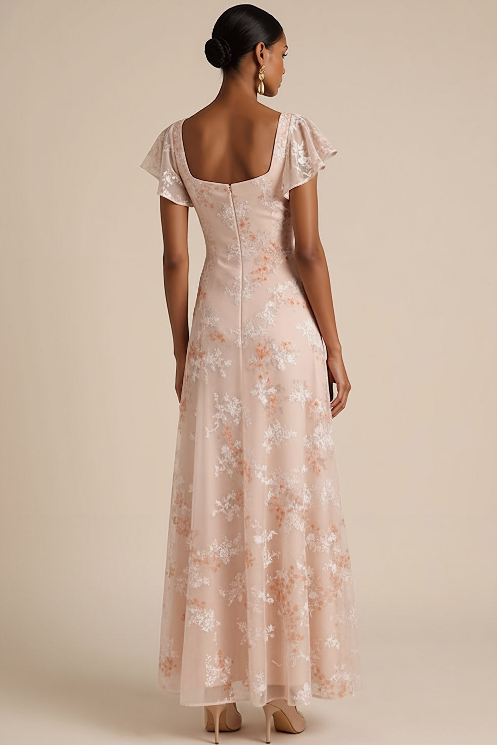 Champagne Pink Floral Draped A Line Flutter Sleeves Maxi Formal Dress